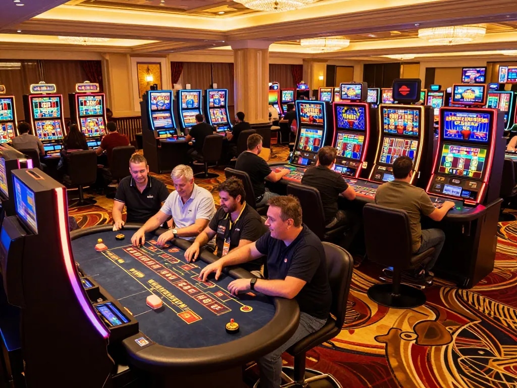Engaged players at cm88 casino slot machines celebrating wins under vibrant lights