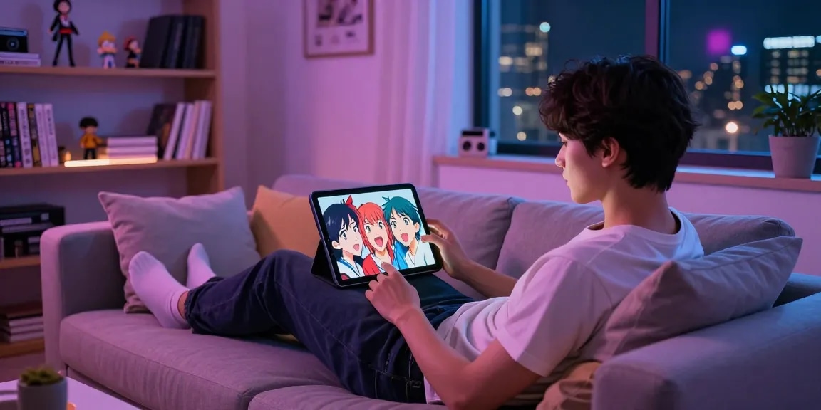 A person engaging in an ai hentai chat on a tablet in a futuristic room filled with anime decor.