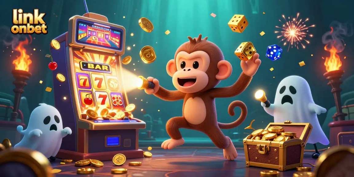 Experience thrilling wins at link onbet with vibrant 3D casino illustration featuring coins, cards, and an adventurous puppy.