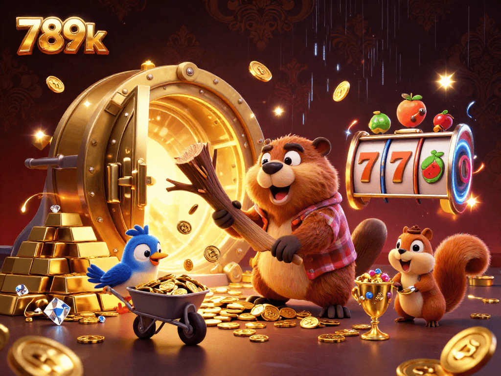 Spin the reels with 789k in an ultra-detailed 3D scene featuring a playful beaver and vibrant casino elements.