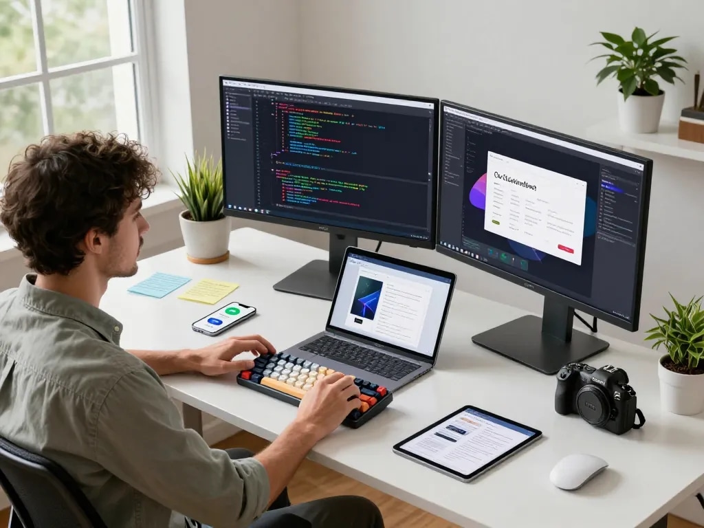 Developer using Clawdbot mac in a vibrant workspace with dual monitors displaying code.