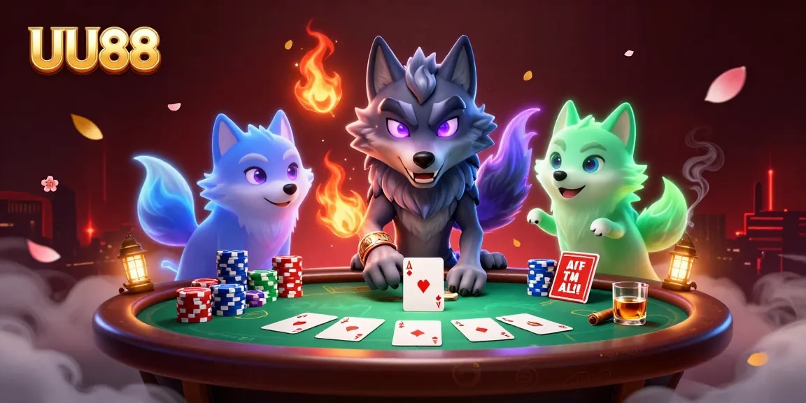 Experience thrilling gameplay with UU88 alongside captivating ghostly wolves in a vibrant casino scene.