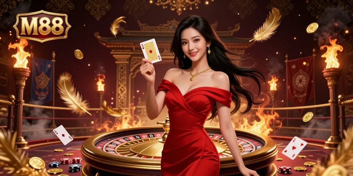 M88 casino scene featuring a beautiful young Asian woman holding a playing card beside a roulette wheel with golden accents.
