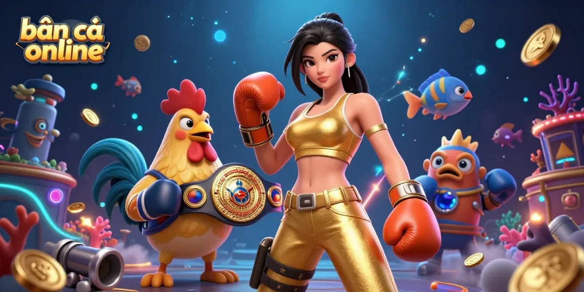 Engaging scene of bắn cá online gameplay with a semi-realistic woman and a championship rooster amidst vibrant underwater elements.