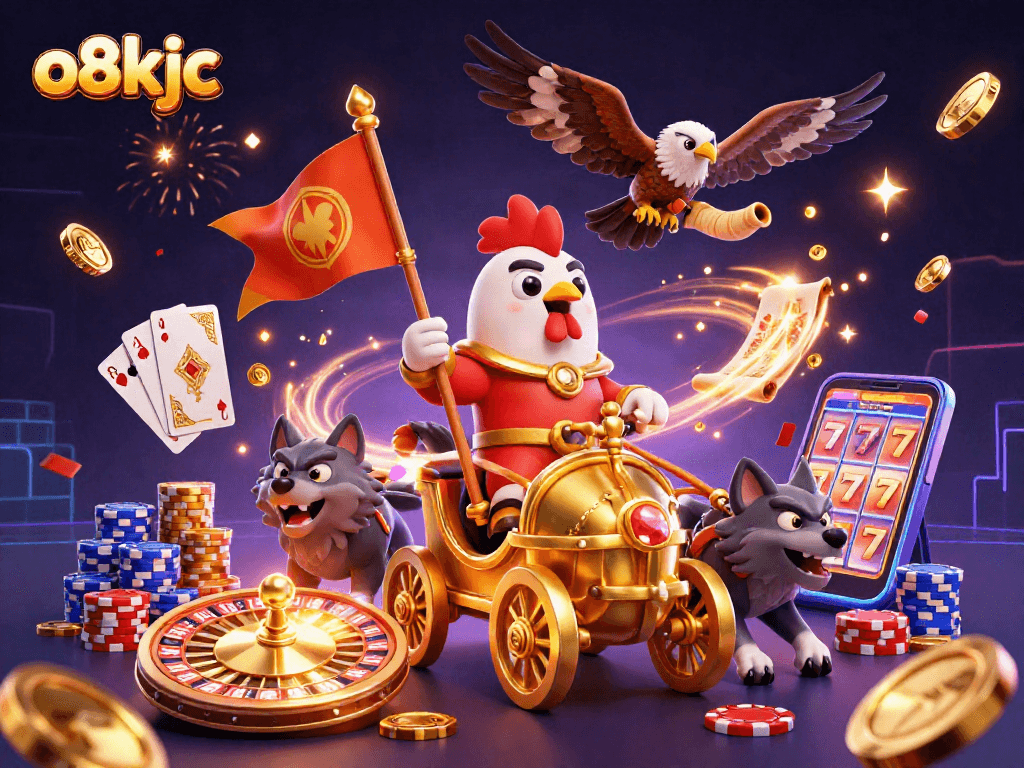 o8kjc's amazing 3D rooster warlord leads a casino celebration with coins, cards, and chips