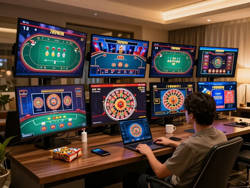 Engaged gambler playing on 789WIN in a cozy home setup with multiple screens displaying casino games.
