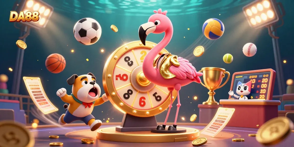 Join the excitement at DA88 with game show host flamingo spinning the prize wheel amidst sports action.