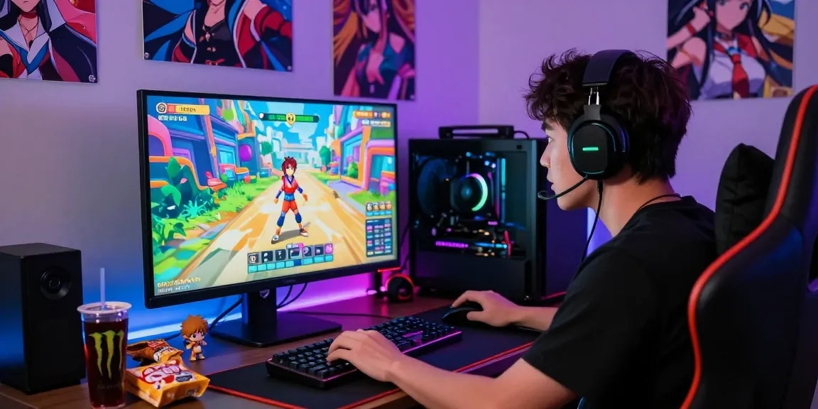 Engaged player in vibrant gaming room enjoying hentai games on a high-resolution monitor.