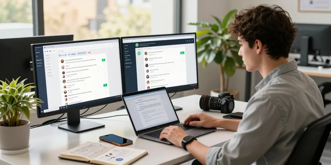 Modern workspace showcasing WhatsApp網頁版 on dual monitors, emphasizing productivity and communication.