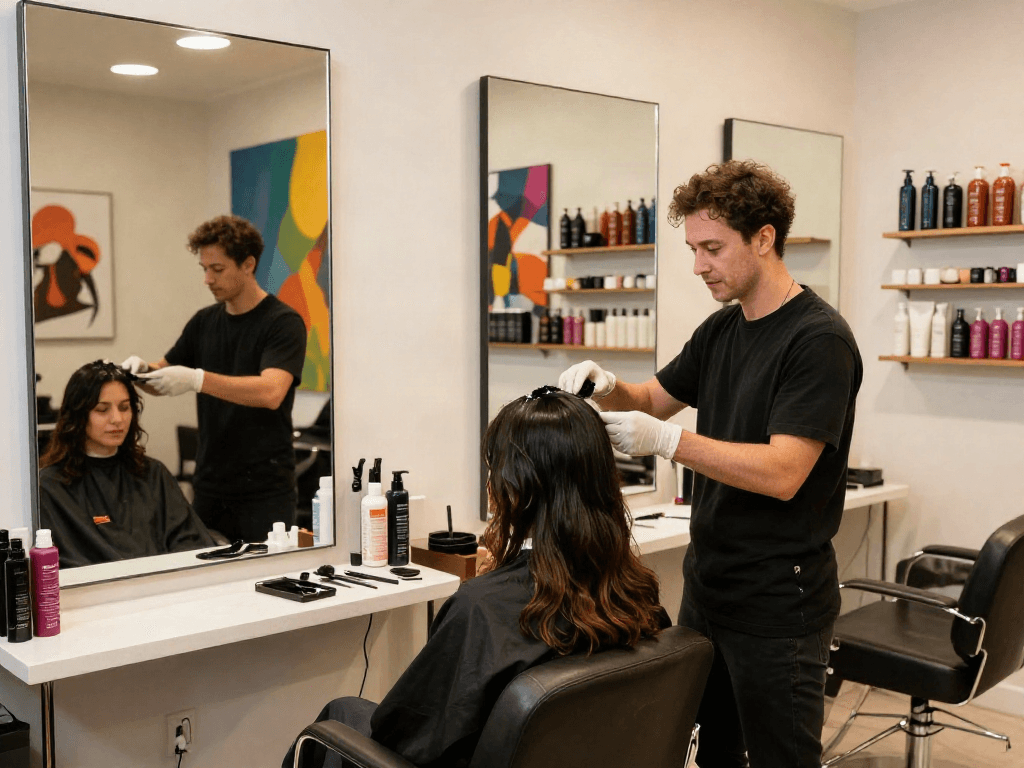 Professional hairstylist at https://carbonegroupparrucchieri.it/ providing personalized hair color service in a vibrant salon.