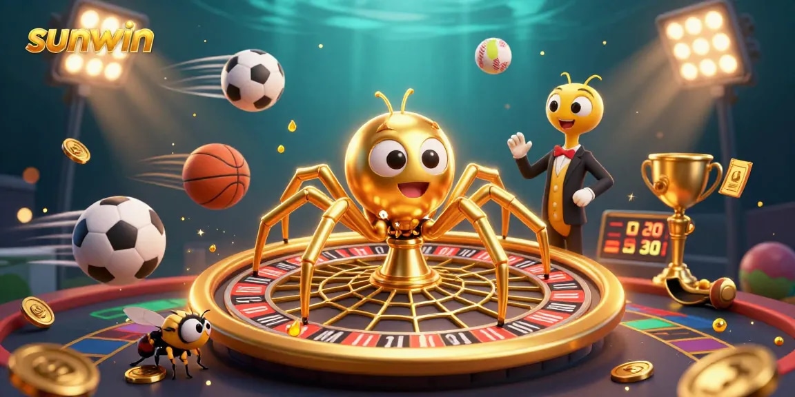 Experience exhilarating moments at sunwin with a golden spider spinning a roulette web alongside dynamic sports elements.