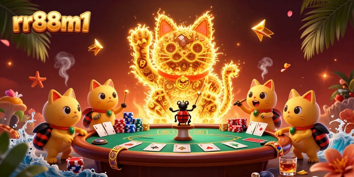 Join the excitement at rr88m1 with golden fireflies symbolizing luck in a vibrant casino scene.