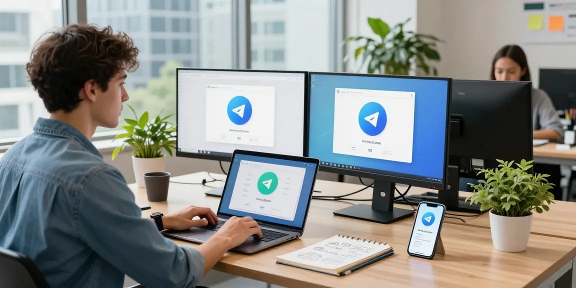 Download Telegram on a laptop in a modern workspace showcasing seamless digital communication.