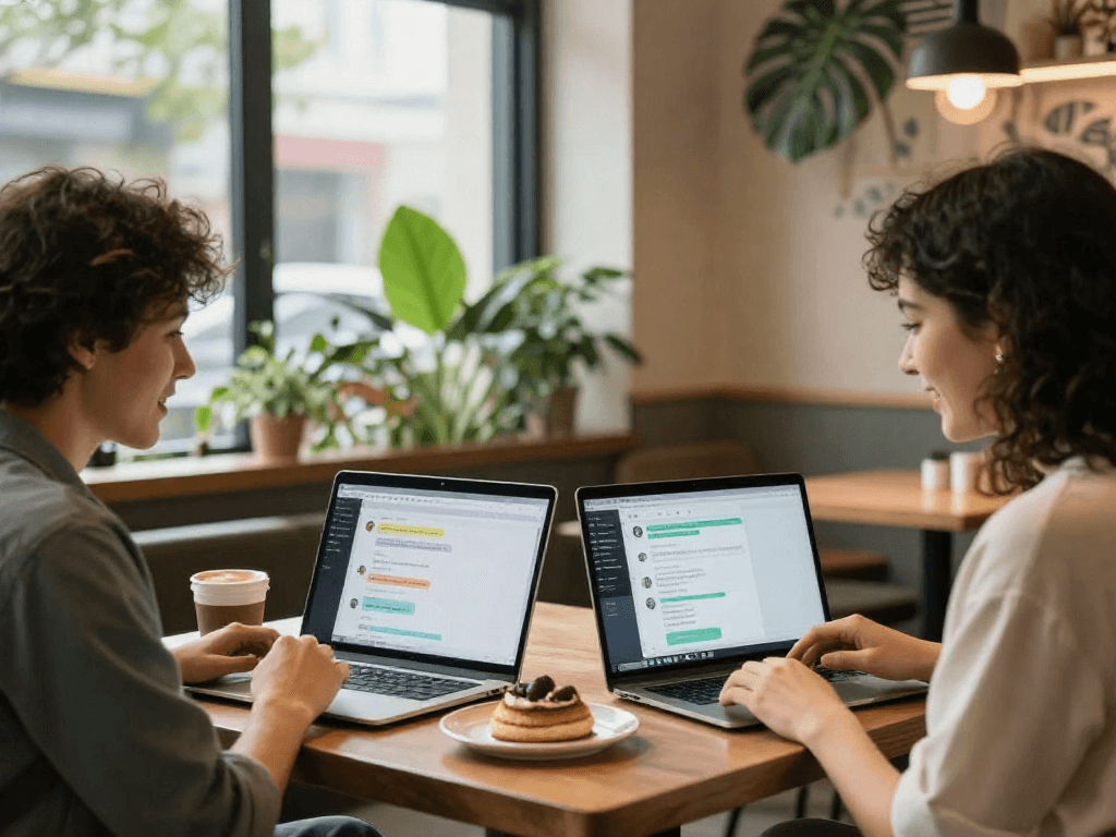 Friends using spicy chat AI in a modern cafe, enjoying a lively discussion.