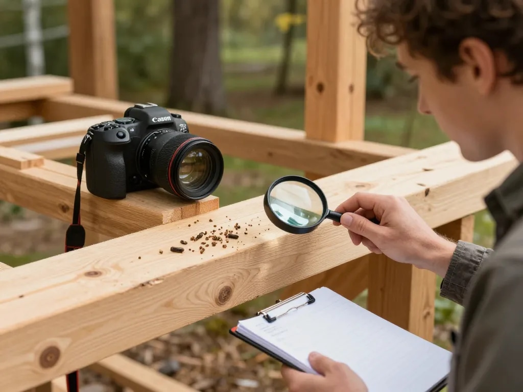 Ispezione dei coleotteri del legno con strumenti e travi di legno alla luce del sole.