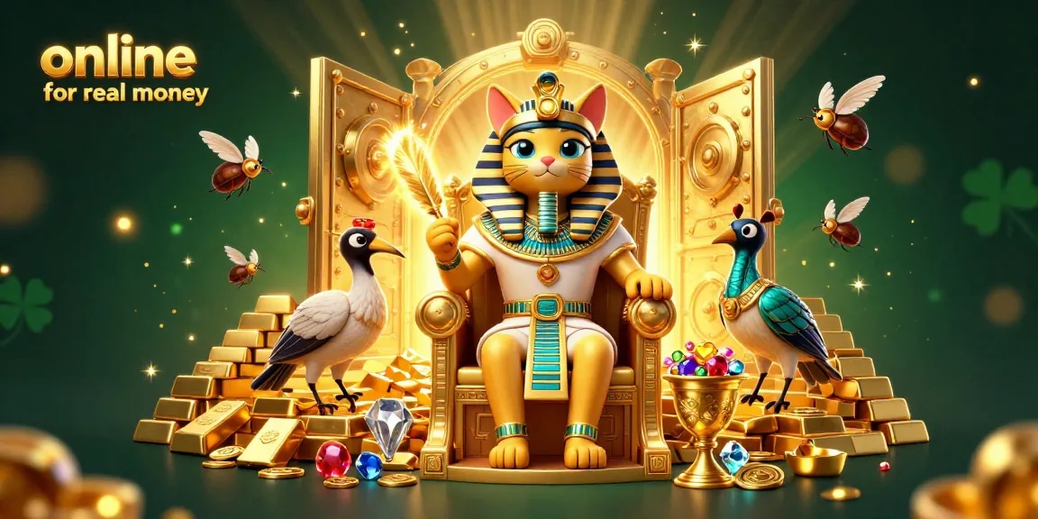 Engage in a vibrant online casino for real money scene with dazzling gold treasures and charming characters.