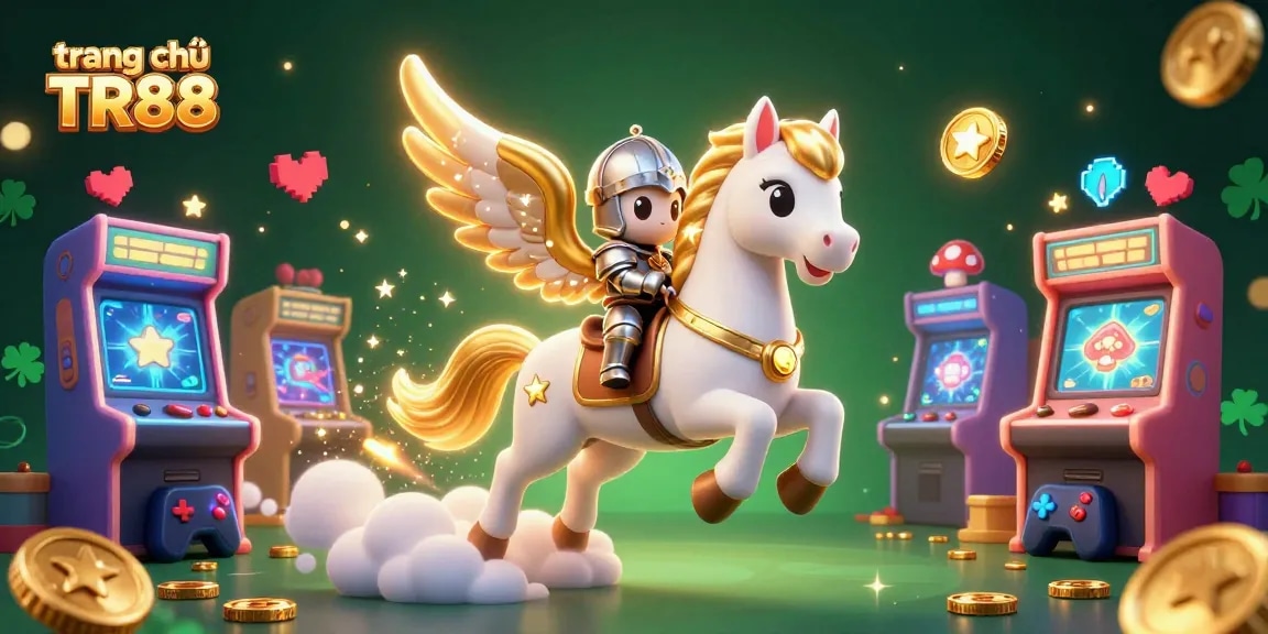 Engage with the vibrant action of trang chủ TR88, showcasing a celestial horse and knight amidst glowing gaming elements.
