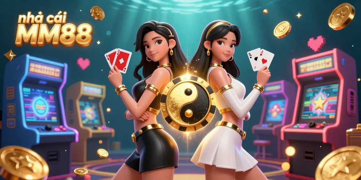 Engage with nhà cái MM88 through a vibrant 3D scene featuring twin Asian women and dynamic casino elements.