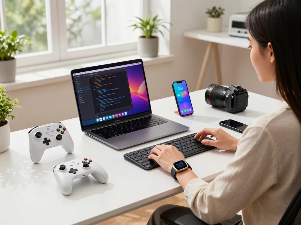 Engaging tech workspace highlighting must-have tech gadgets including 8BitDo Ultimate 2 controller and Fitbit Charge 6 smartwatch.