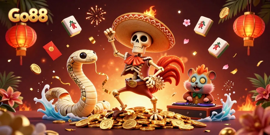 Experience thrilling gameplay at Go88 with a 3D scene of excitement and vibrant characters in action.