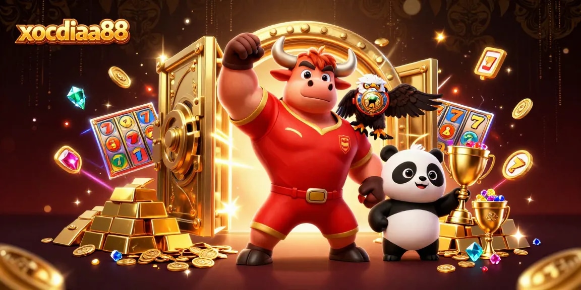 Xocdiaa88 brings excitement to online gaming with an engaging victory scene of a bull mascot, eagle, and panda.