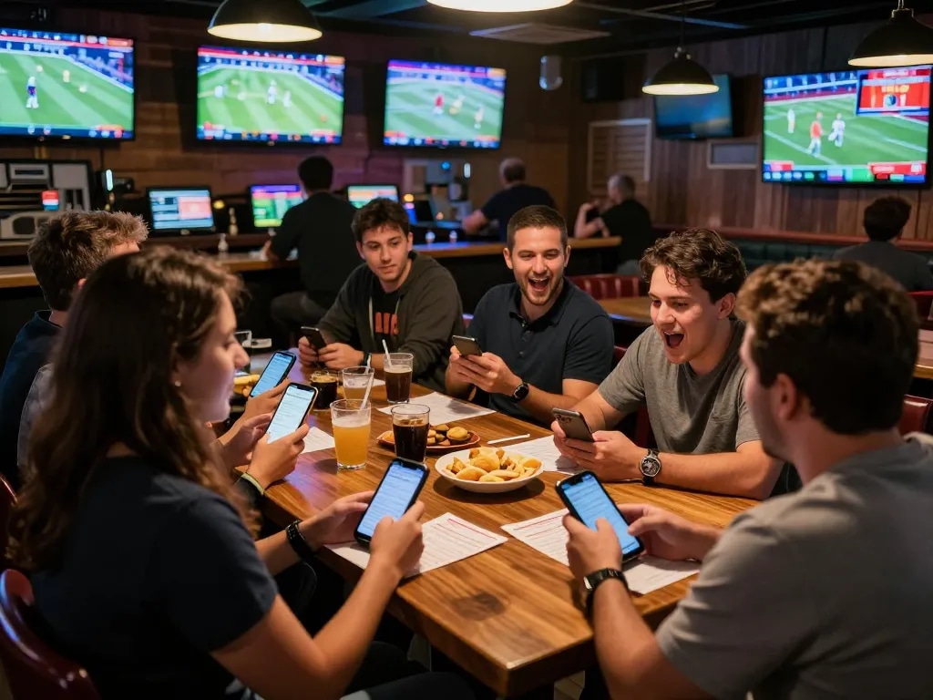 MM88 players analyzing sports bets and celebrating wins in a lively bar atmosphere.