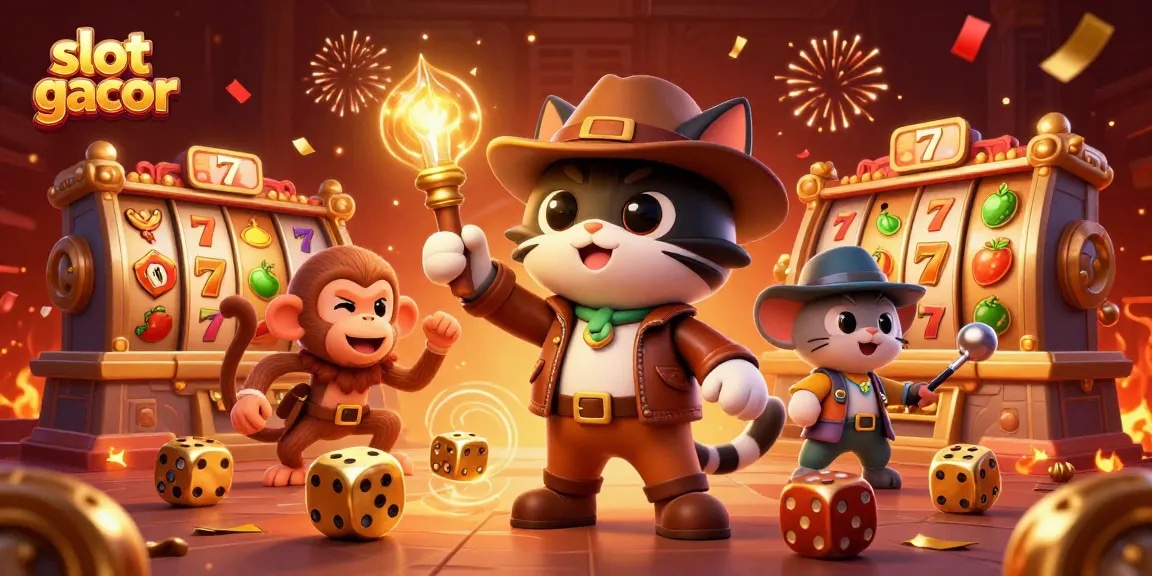 Engage with slot gacor gameplay featuring a cartoon explorer cat discovering casino treasures.