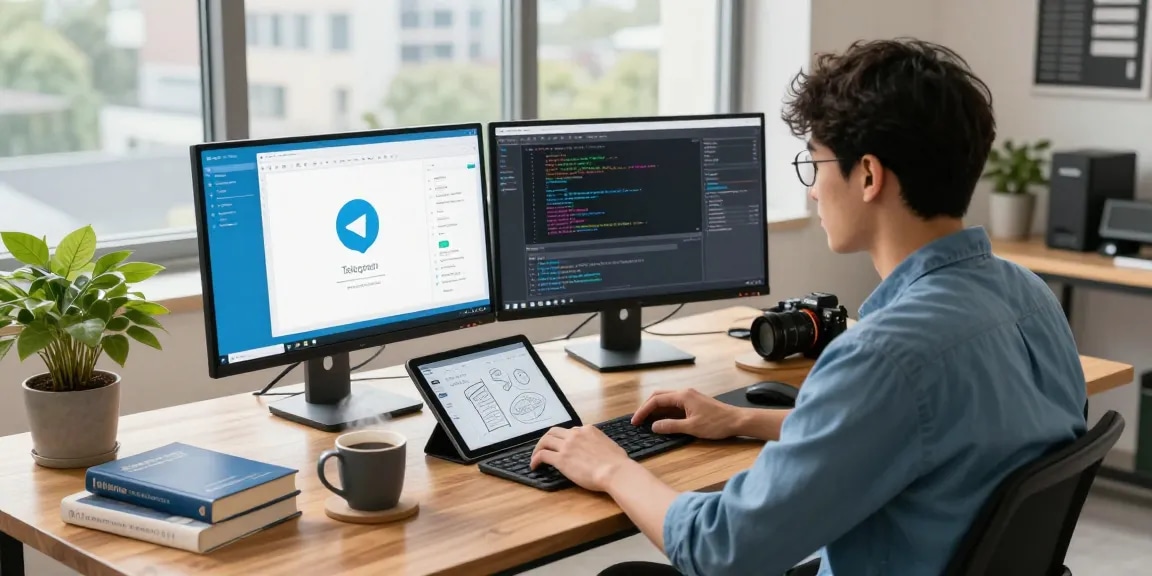 Engaged developer in a modern workspace showcasing Telegram Download on multiple screens with natural light.