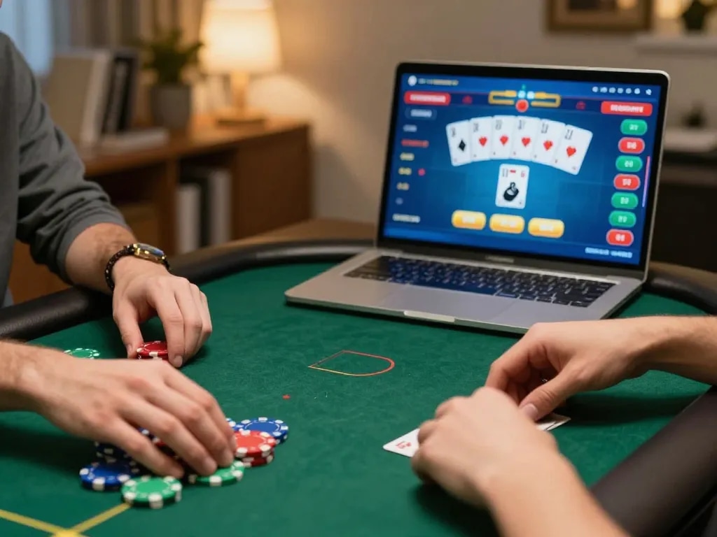 Engaging poker gameplay on trang chủ F168, highlighting strategy and excitement in a cozy home setting.