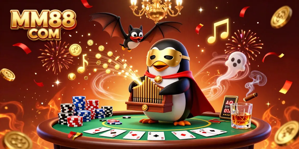 Engage in thrilling gameplay at MM88 COM with a dynamic 3D illustration of a penguin casino host playing organ that shoots coins.