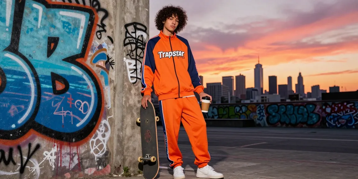 Trapstar Felpa indossata da giovane in ambiente urbano con skateboard e sfondo di graffiti.