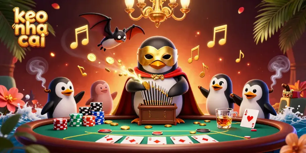 Engage with keo nha cai as a penguin plays a golden organ, surrounded by dynamic casino elements and rich detail.
