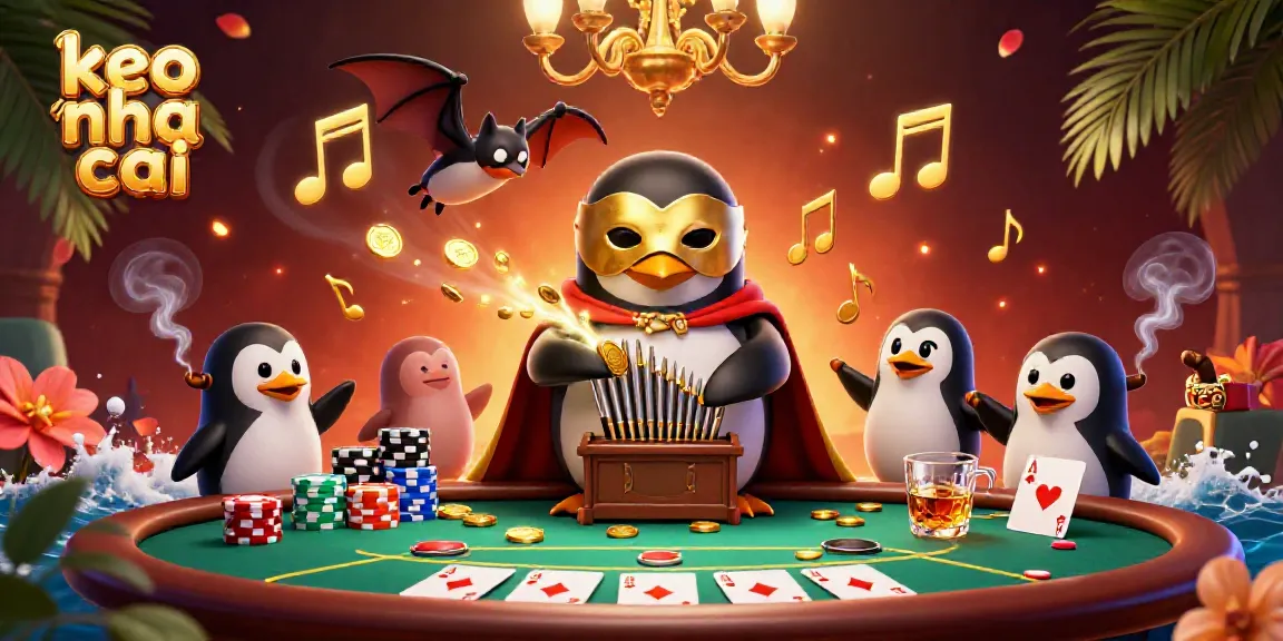 Engage with keo nha cai as a penguin plays a golden organ, surrounded by dynamic casino elements and rich detail.