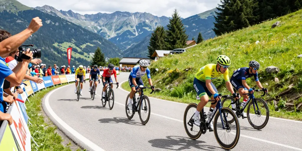 Dynamic notizie ciclismo scene showcasing professional cyclists racing through picturesque mountain roads.