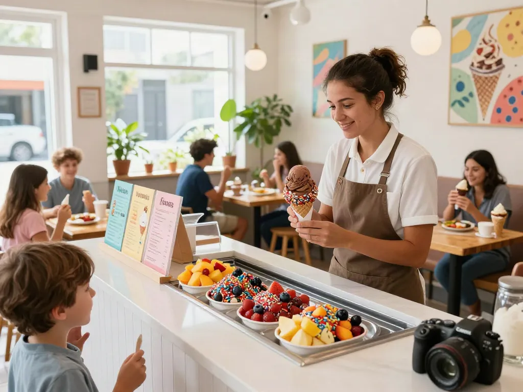 Delightful ice cream parlor scene showcasing rokok88 slot login and premium ice cream treats.