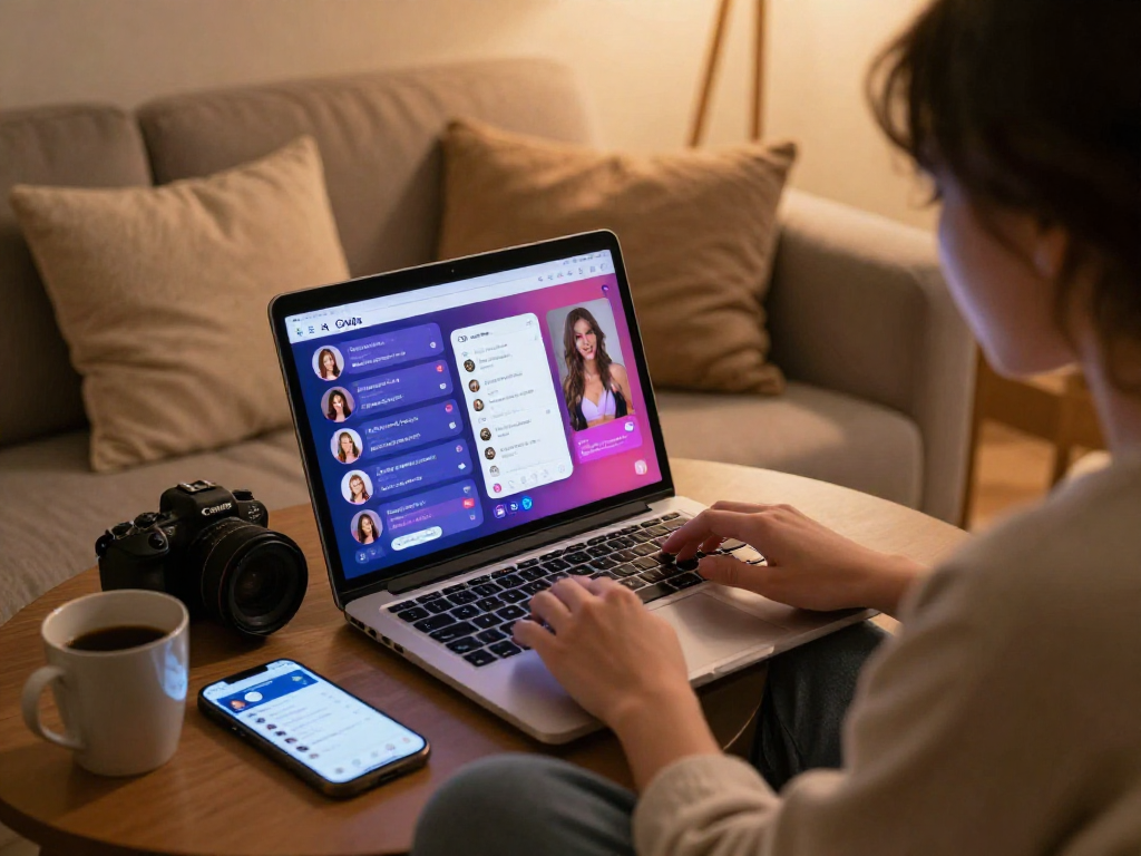 Engaging in an ai sex chat on a cozy laptop setup with soft lighting.