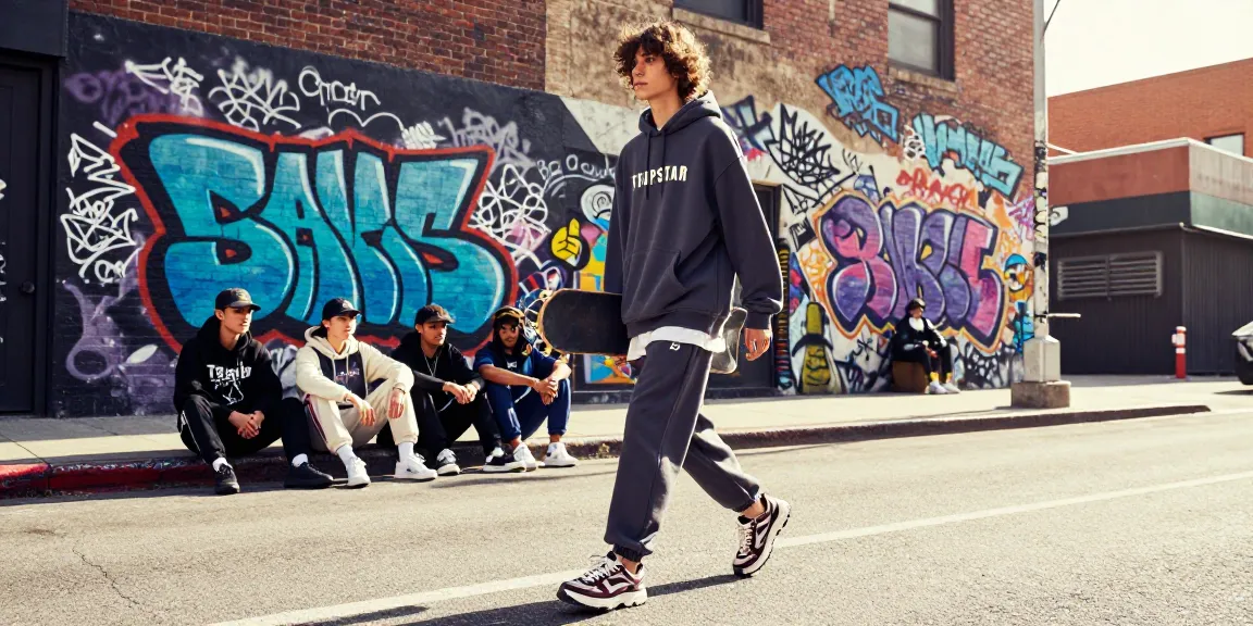 Felpa Trapstar messa in mostra in un momento di lifestyle urbano con elementi di streetwear e cultura skate alla moda.