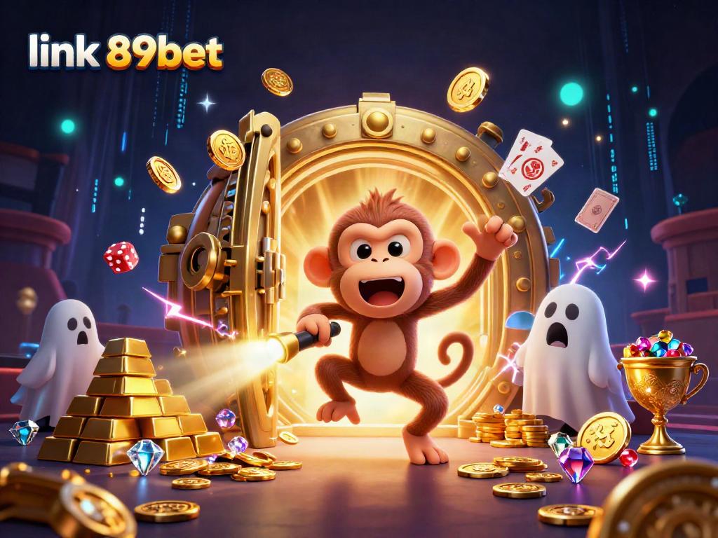 Experience the thrilling atmosphere of link 89bet with playful characters and vibrant casino elements ready for winning.