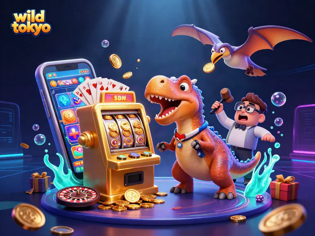 Experience wild tokyo excitement as a cartoon dinosaur wins jackpot coins in a vibrant casino scene.