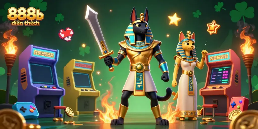 Engage with 888b điều kiện through this vibrant 3D casino scene featuring Anubis and Bastet.