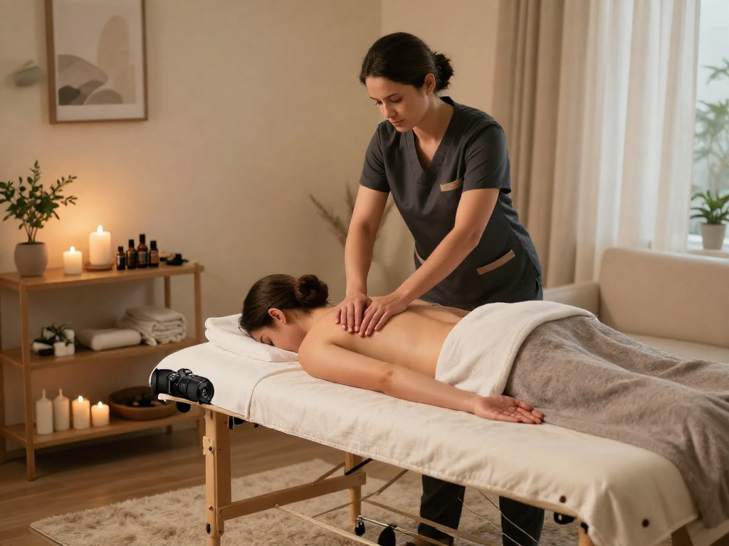 서울출장마사지 service in a cozy living room with calming decor and a professional therapist.