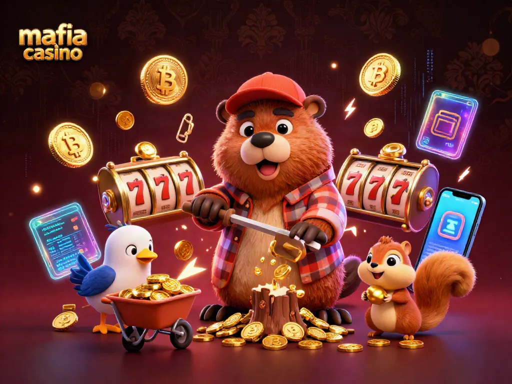 Experience exciting wins at mafia casino with a 3D lumberjack beaver collecting gold coins and slot reels.