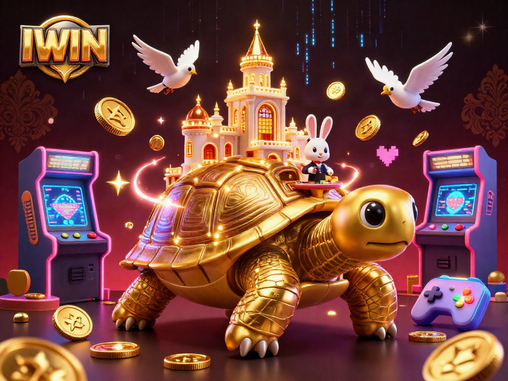 Experience the thrill of IWIN’s casino games with a vibrant 3D illustration of a golden tortoise and rabbit dealer.