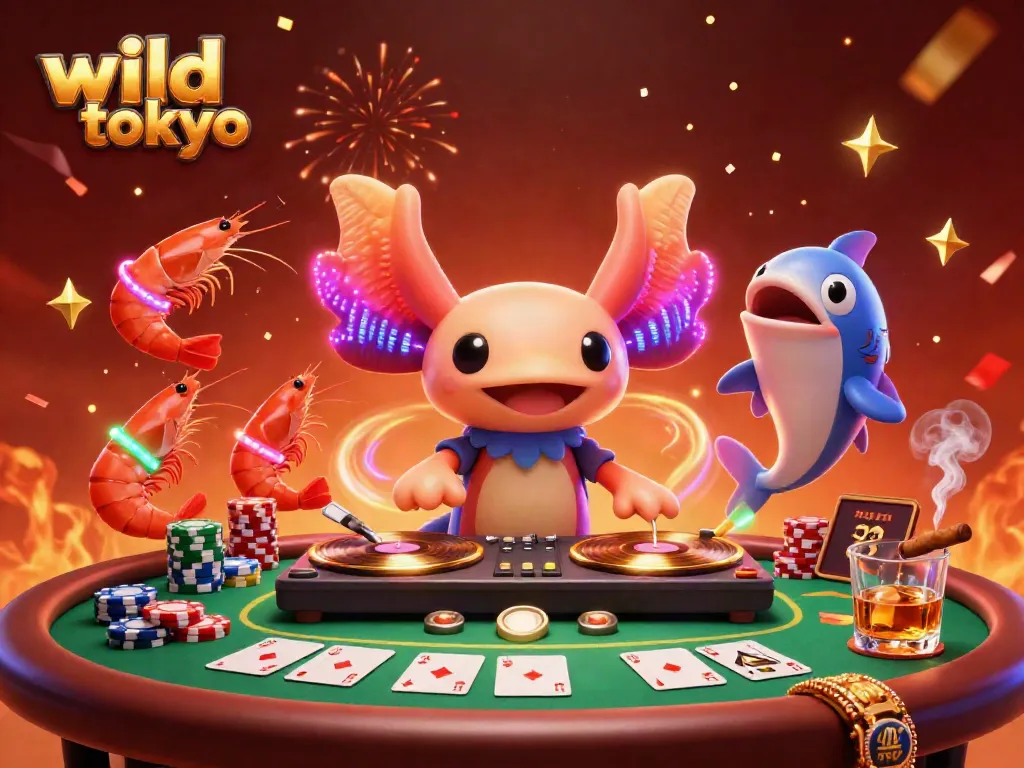 Experience the vibrant wild tokyo casino scene with neon axolotl DJ and lively shrimp dancers.