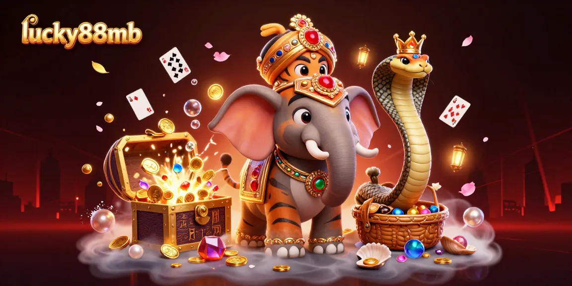 Engage with lucky88mb's vibrant casino atmosphere featuring majestic characters and treasure elements.