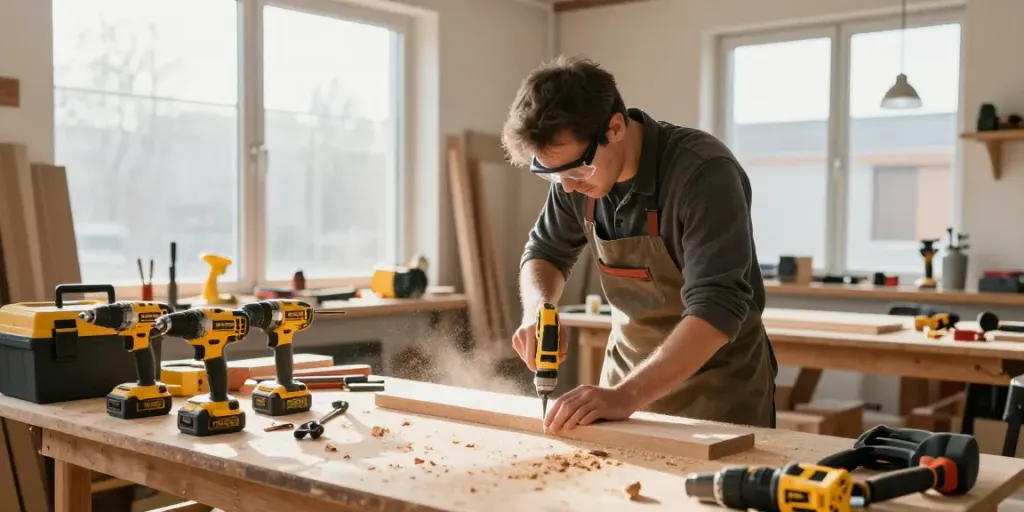Offerta Black Friday Dewalt: artigiano che utilizza un attrezzo elettrico in un laboratorio luminoso.