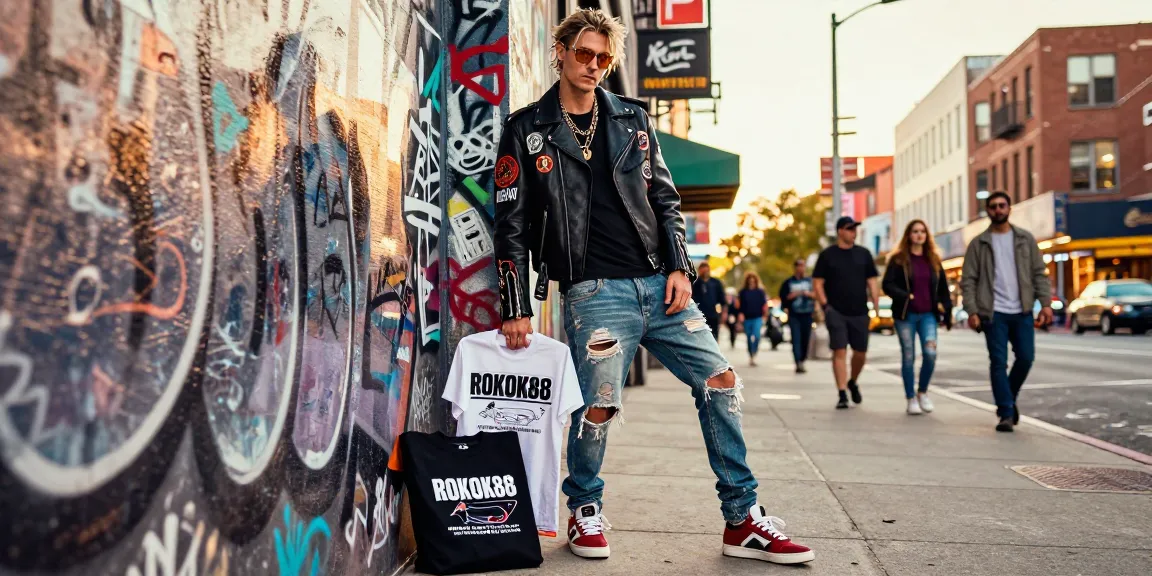 Stylish model in ROKOK88 streetwear against vibrant urban backdrop, embodying modern fashion trends.