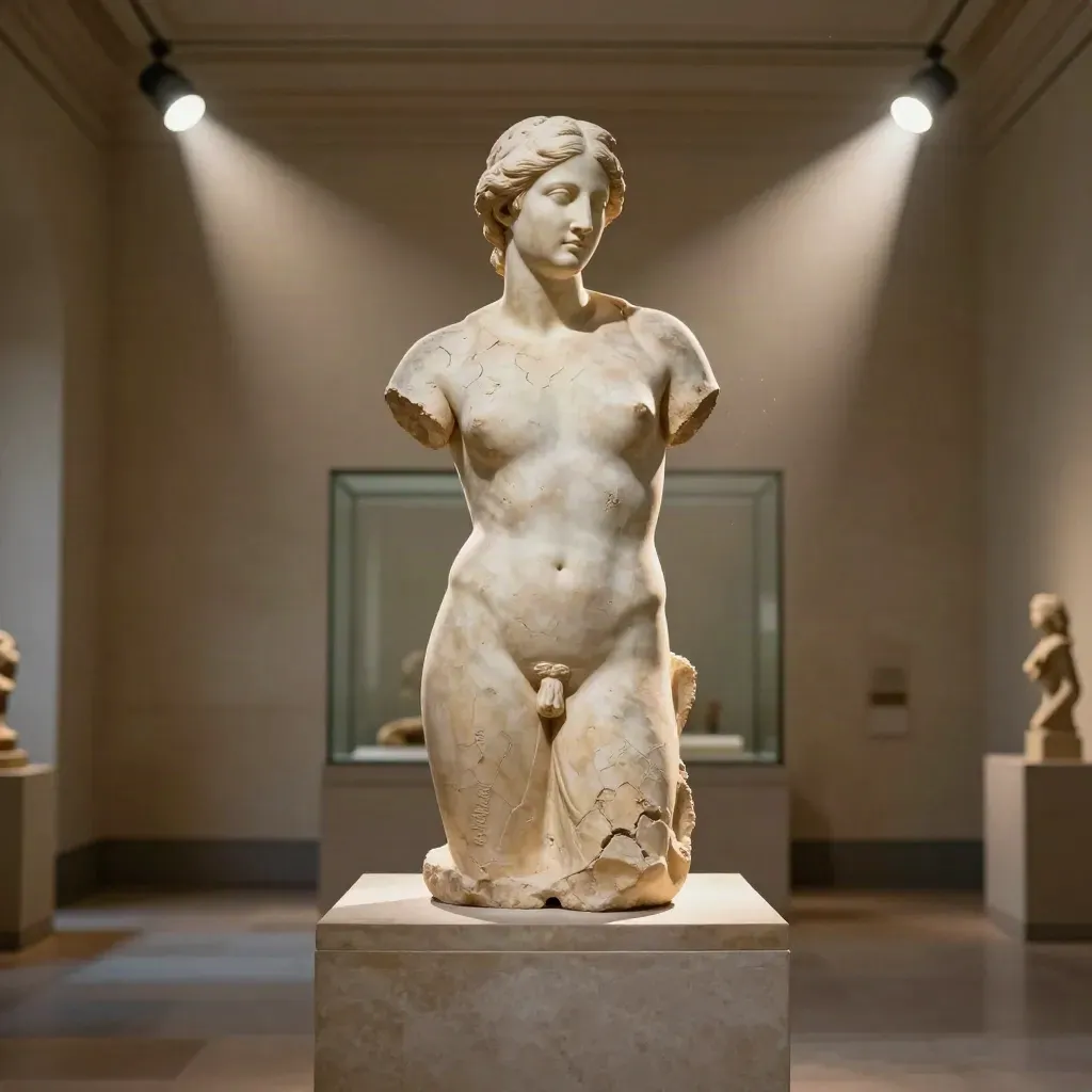 Statua in gesso su piedistallo in una sala museale, illuminata da fasci di luce calda.