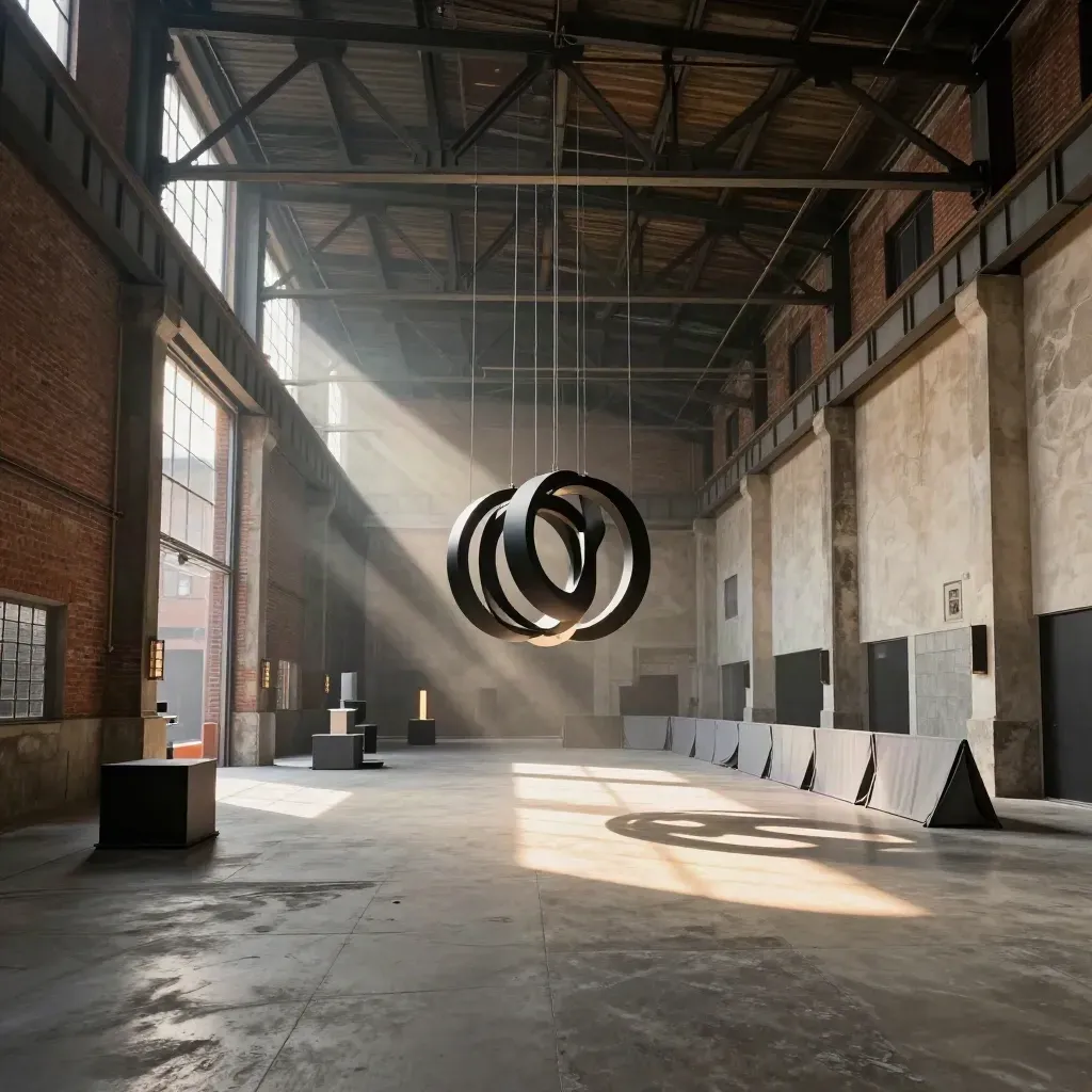 Spazio industriale torinese per eventi d’arte, con travi metalliche e luce radente sulla polvere