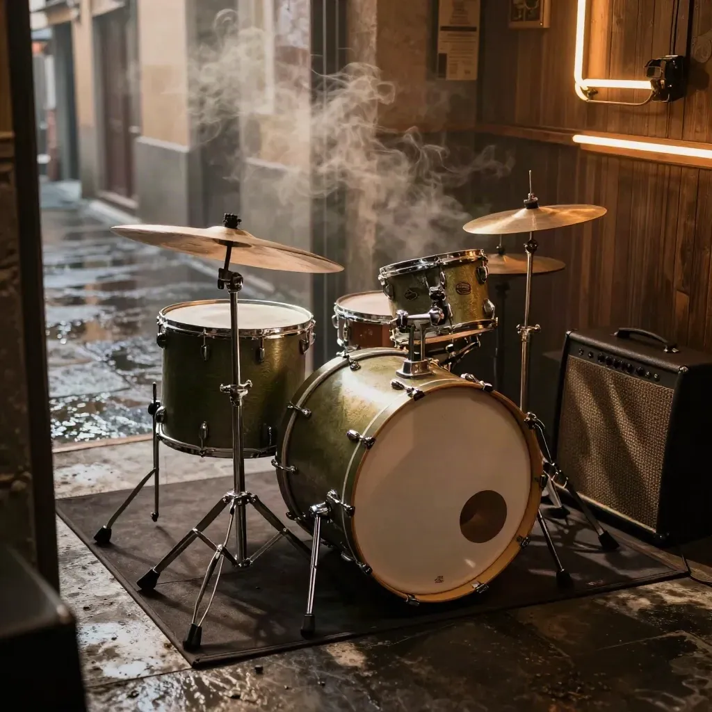 Piccolo club napoletano con batteria e amplificatori, fumo sul palco e vicoli bagnati sullo sfondo.